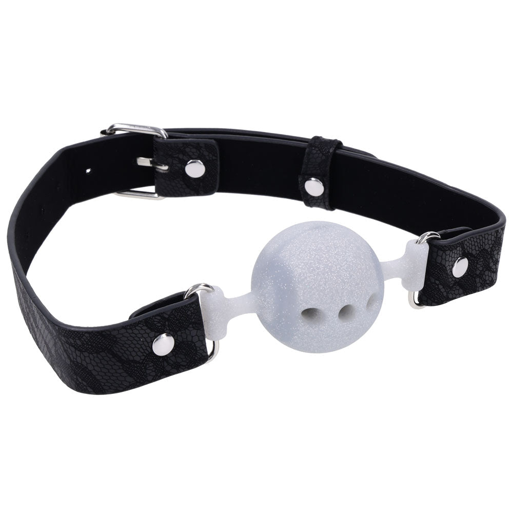 Sex & Mischief Lace Silicone Breathable Ball Gag - Black/Grey Mouth Restraint - silkandsin
