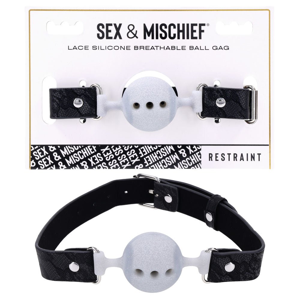 Sex & Mischief Lace Silicone Breathable Ball Gag - Black/Grey Mouth Restraint - silkandsin