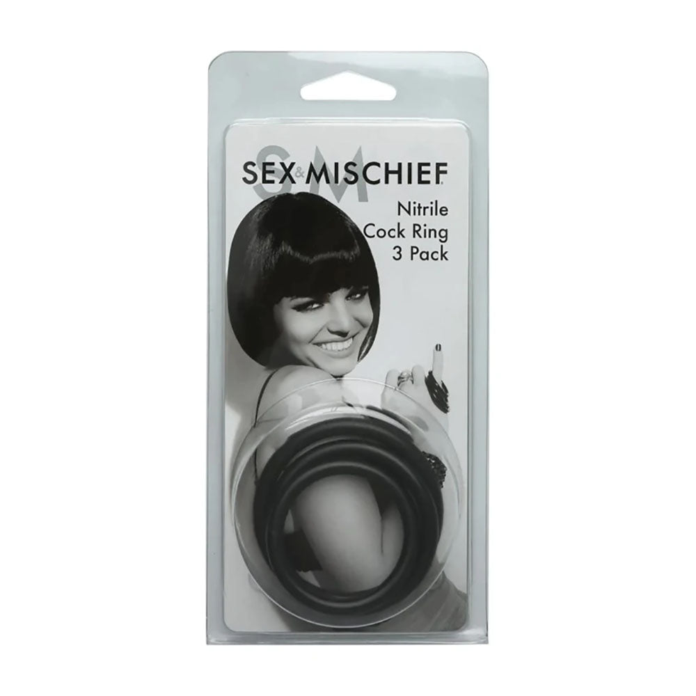 Sex & Mischief Nitrile Cock Ring 3 Pack - Black Cock Rings - Set of 3 Sizes - silkandsin