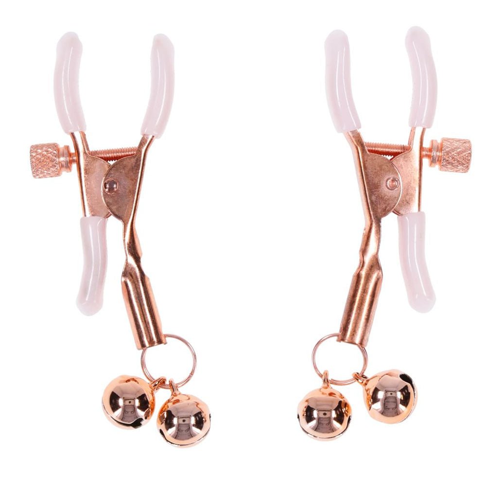 Sex & Mischief Peaches n CreaMe Bell Nipple Clamps - Peach/Rose Gold Nipple Clamps with Bells - Set of 2 - silkandsin