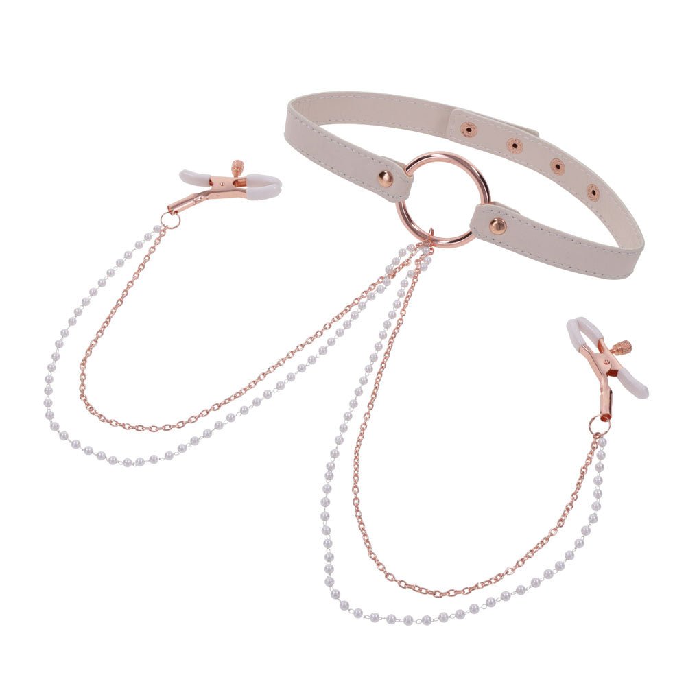 Sex & Mischief Peaches n CreaMe Collar with Nipple Clamps - Peach Nipple Restraints - silkandsin