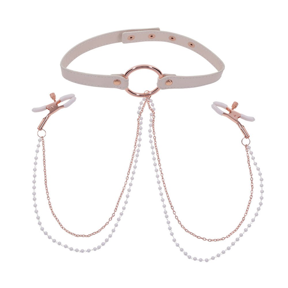 Sex & Mischief Peaches n CreaMe Collar with Nipple Clamps - Peach Nipple Restraints - silkandsin