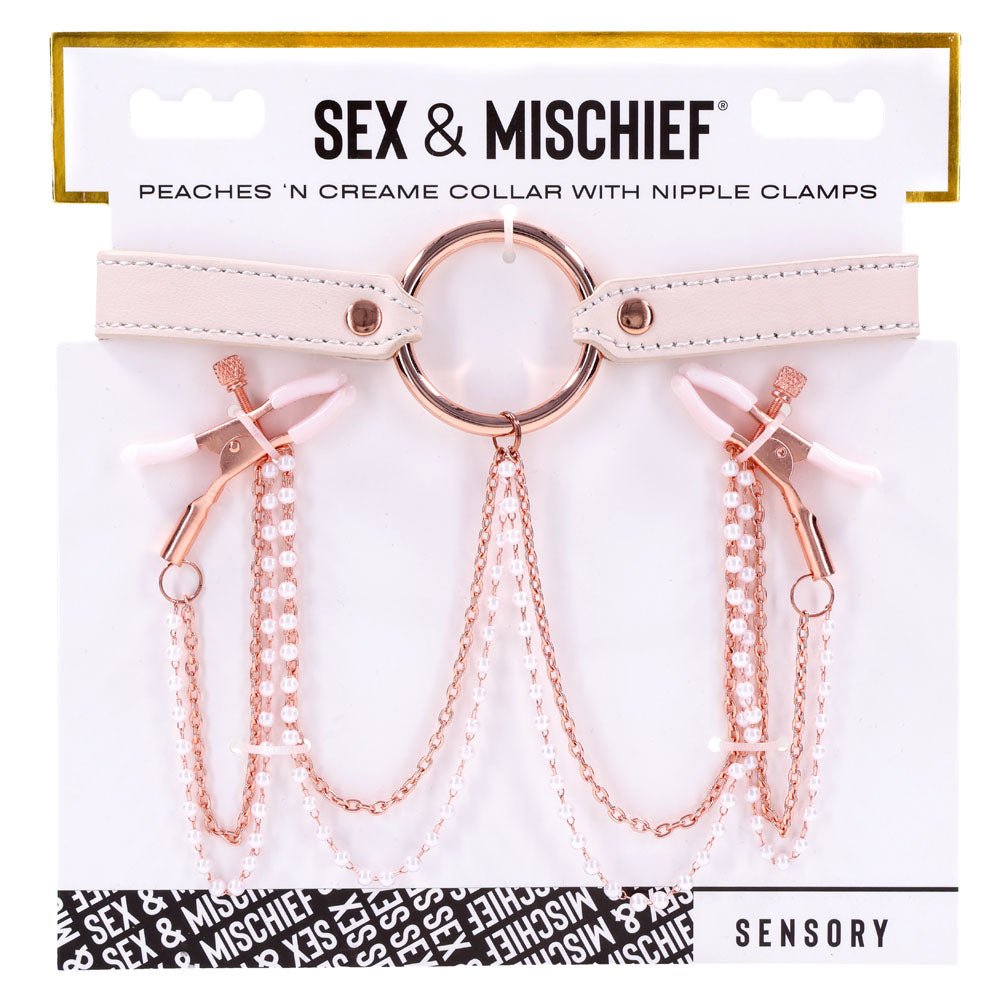 Sex & Mischief Peaches n CreaMe Collar with Nipple Clamps - Peach Nipple Restraints - silkandsin