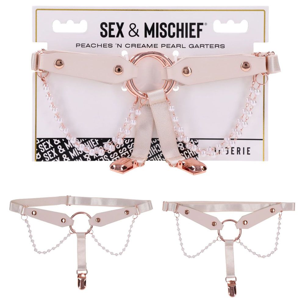 Sex & Mischief Peaches n CreaMe Pearl Garters - Peach / Rose Gold Garters with Pearls - Set of 2 - silkandsin