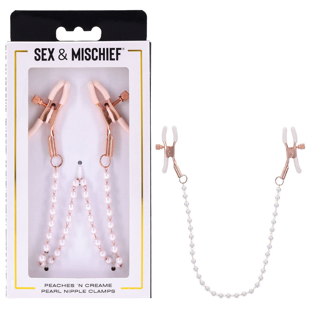 Sex & Mischief Peaches n CreaMe Pearl Nipple Clamps - Peach Nipple Restraints - silkandsin