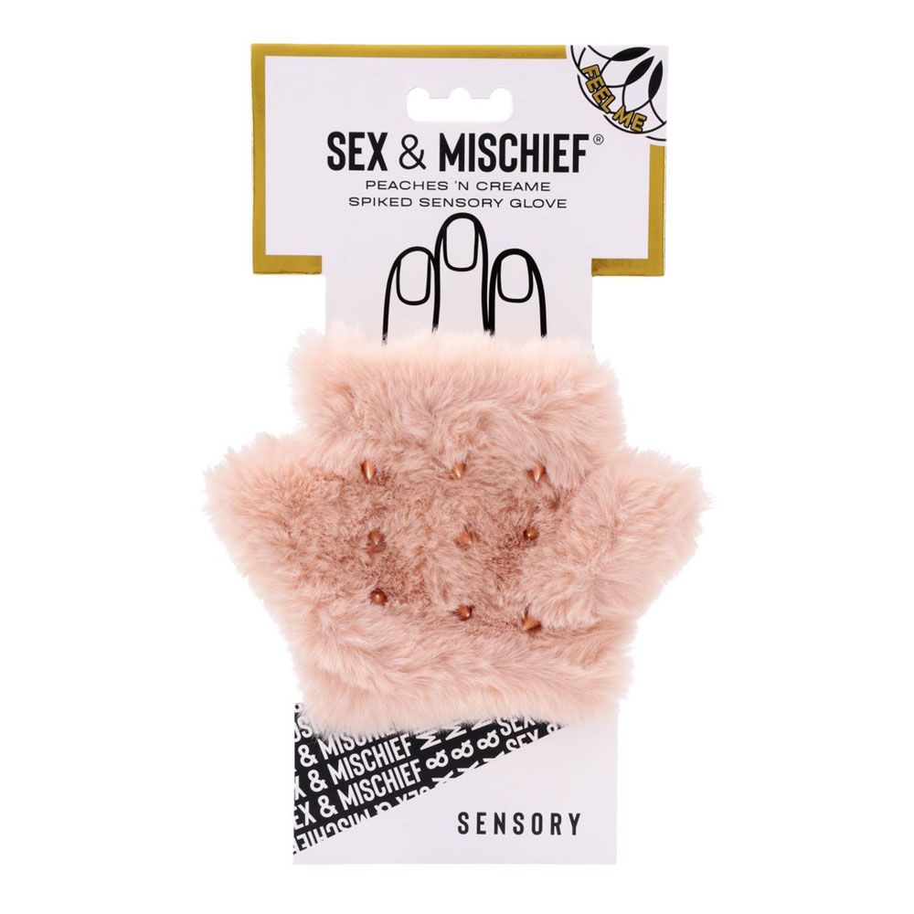 Sex & Mischief Peaches n CreaMe Spiked Sensory Glove - Peach Furry Glove with Metal Spikes - silkandsin