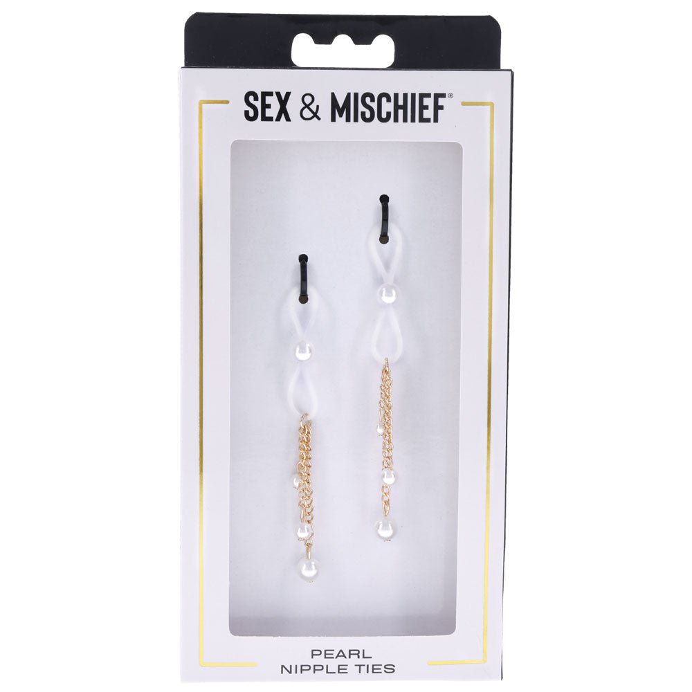Sex & Mischief Pearl Nipple Ties - Gold/Pearl Nipple Restraints - Set of 2 - silkandsin