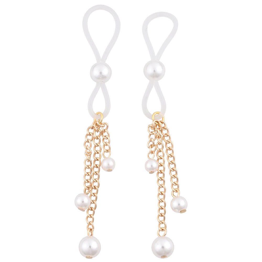 Sex & Mischief Pearl Nipple Ties - Gold/Pearl Nipple Restraints - Set of 2 - silkandsin