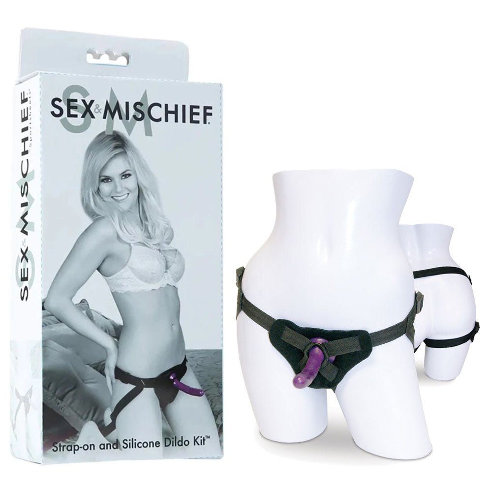 Sex & Mischief Strap - On & Silicone Dildo Kit - Black/Purple Adjustable Strap - On - silkandsin