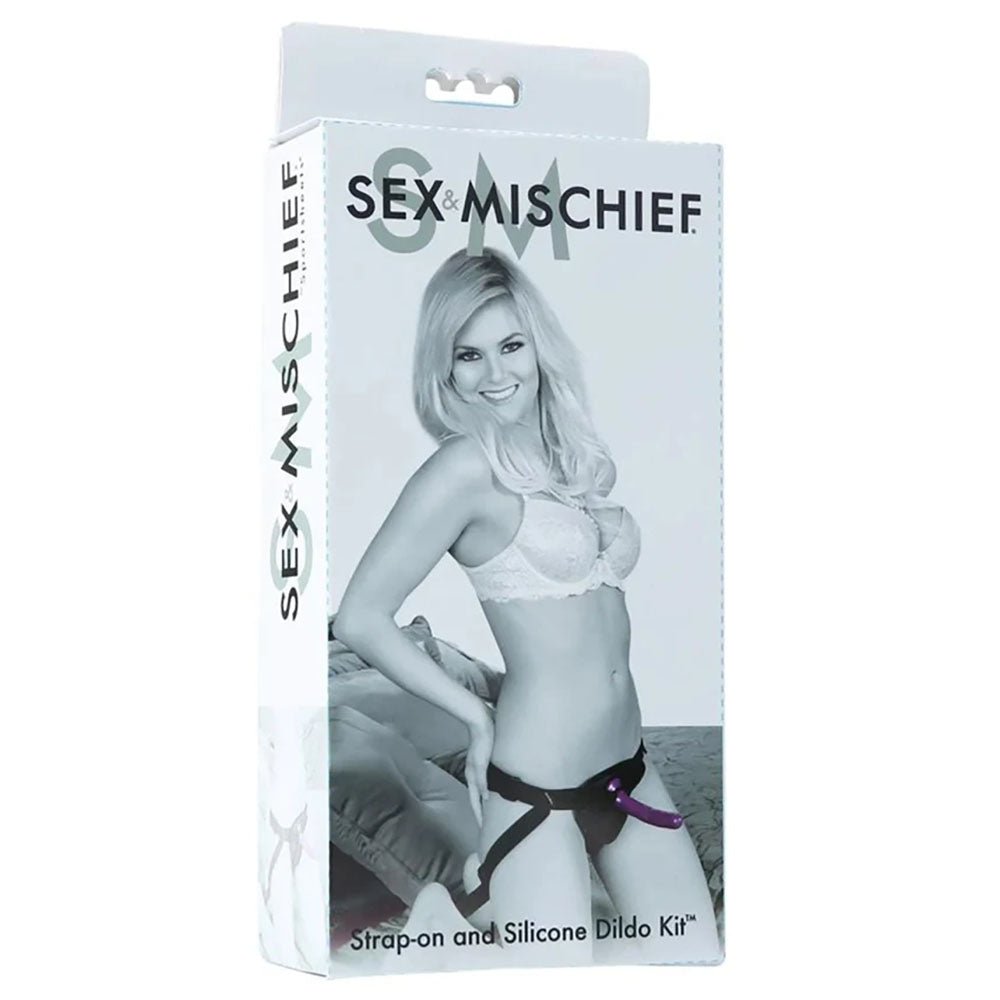 Sex & Mischief Strap - On & Silicone Dildo Kit - Black/Purple Adjustable Strap - On - silkandsin