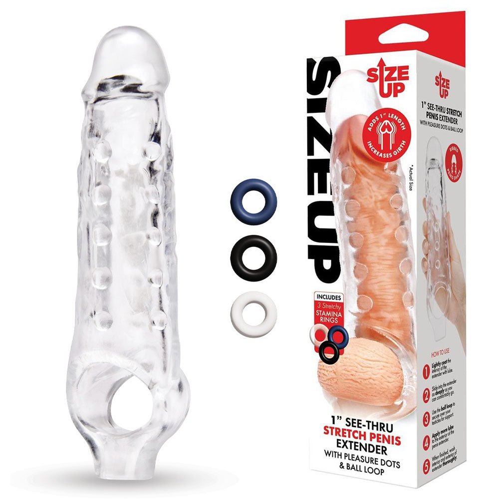 Size Up 1 Inch See - Thru Stretch Penis Extender - Clear 2.5 cm (1'') Penis Extension Sleeve - silkandsin