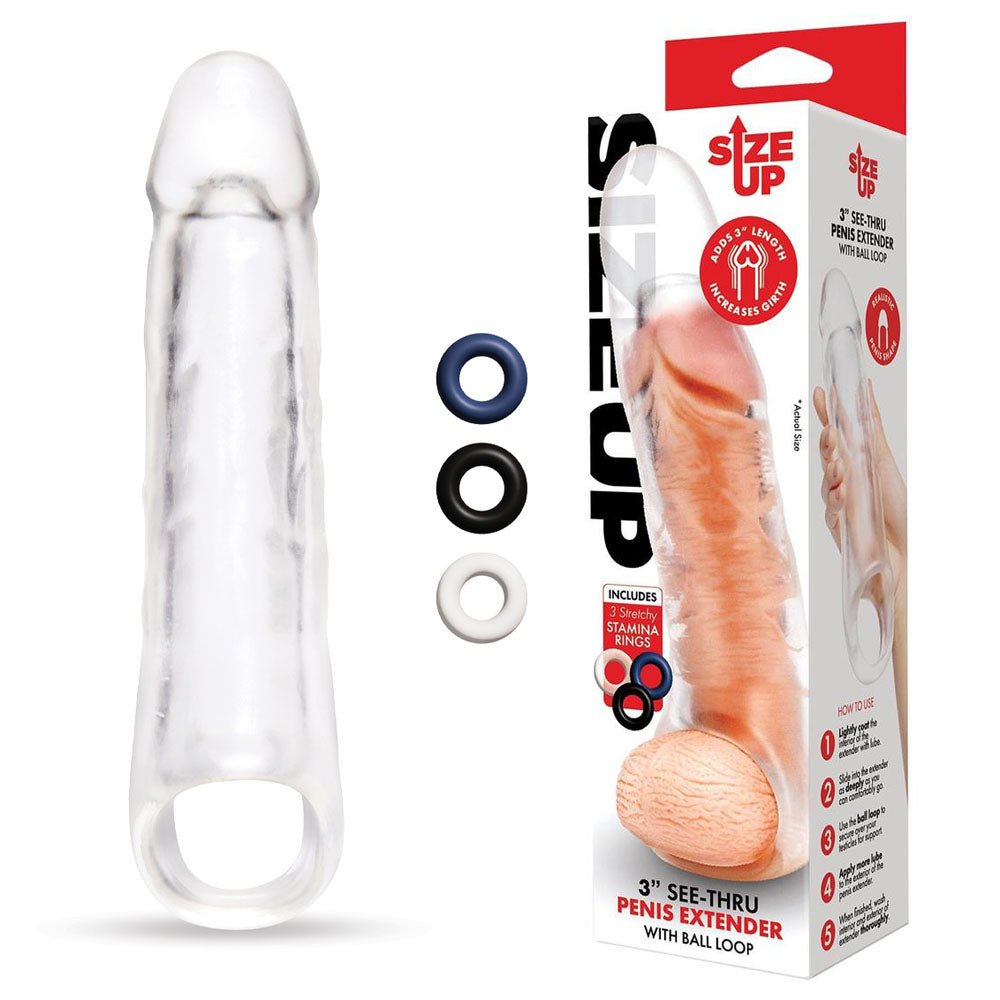 Size Up 3 Inch See - Thru Penis Extender with Ball Loop - Clear 7.6 cm (3'') Penis Extension Sleeve - silkandsin