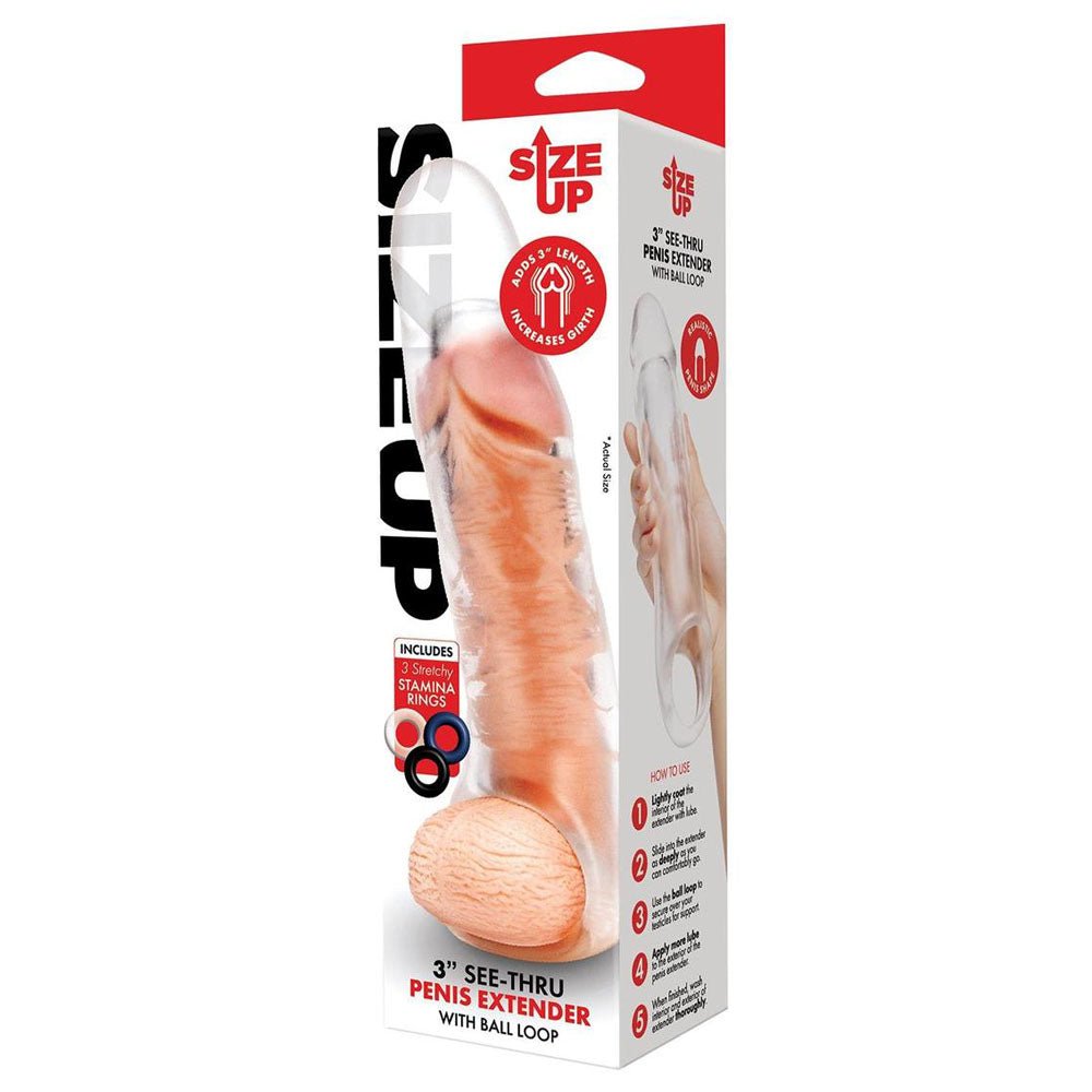 Size Up 3 Inch See - Thru Penis Extender with Ball Loop - Clear 7.6 cm (3'') Penis Extension Sleeve - silkandsin