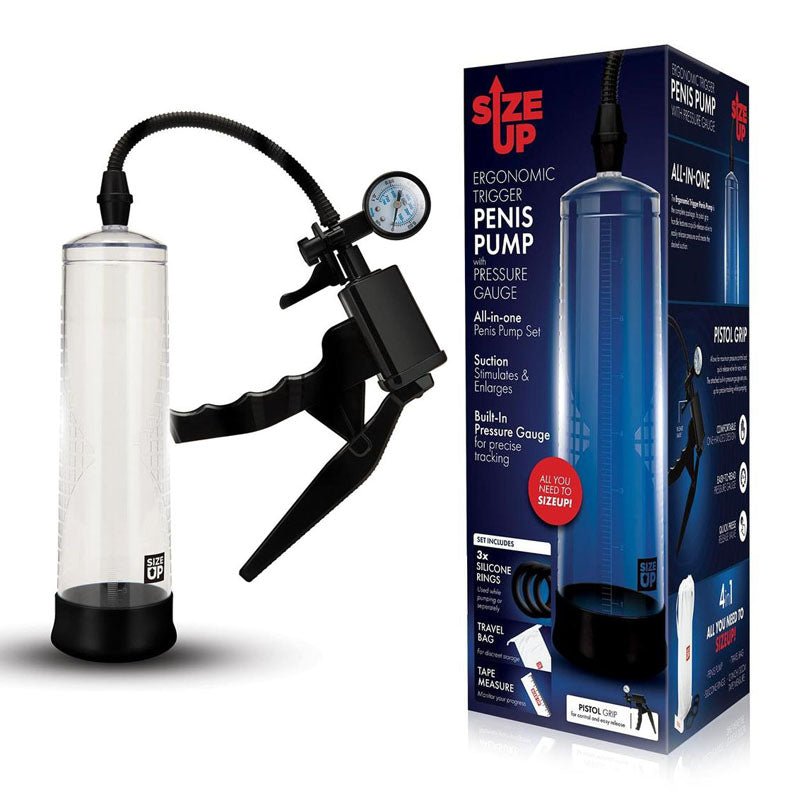 Size Up Ergonomic Trigger Penis Pump with Pressure Gauge - Clear Penis Pump - silkandsin