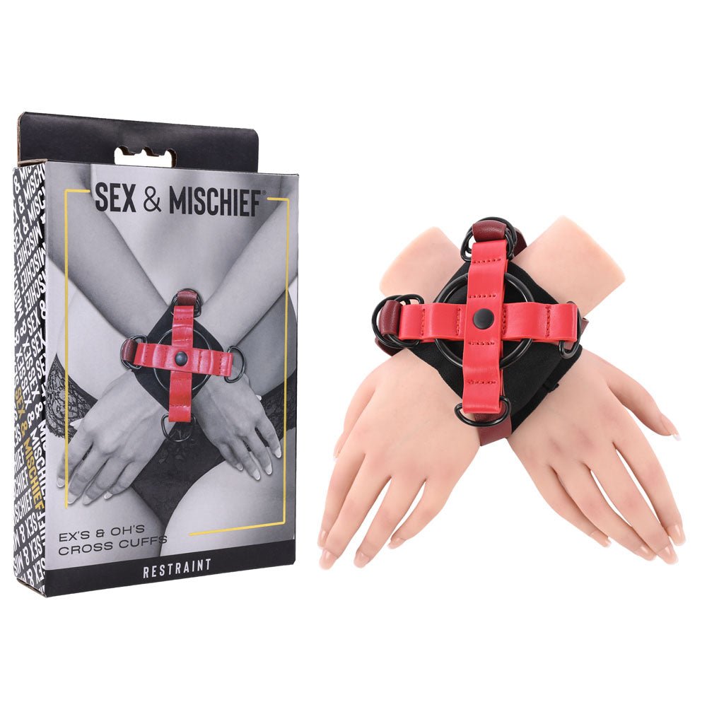 S&M Exs & Ohs Cross Cuffs - Red/Black Restraints - silkandsin