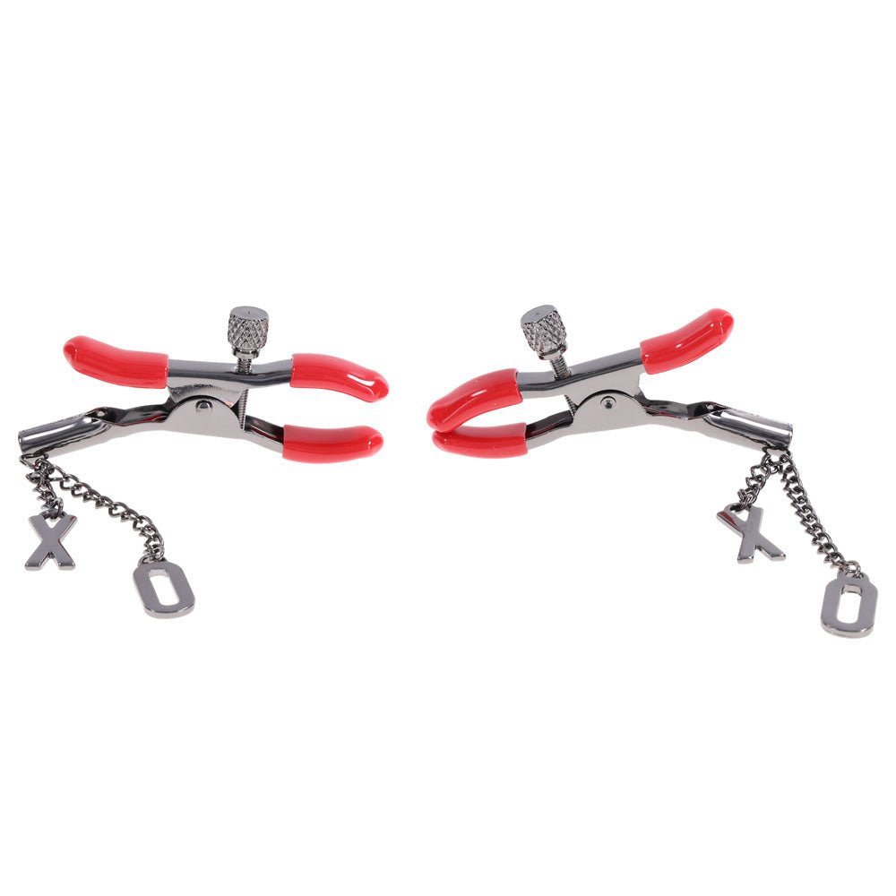 S&M Exs & Ohs Nipple Clamps - Red Tipped Metal Nipple Clamps - Set of 2 - silkandsin