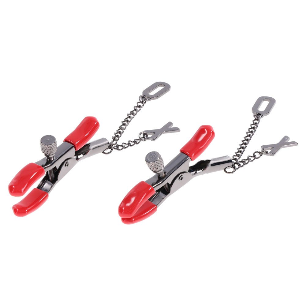 S&M Exs & Ohs Nipple Clamps - Red Tipped Metal Nipple Clamps - Set of 2 - silkandsin
