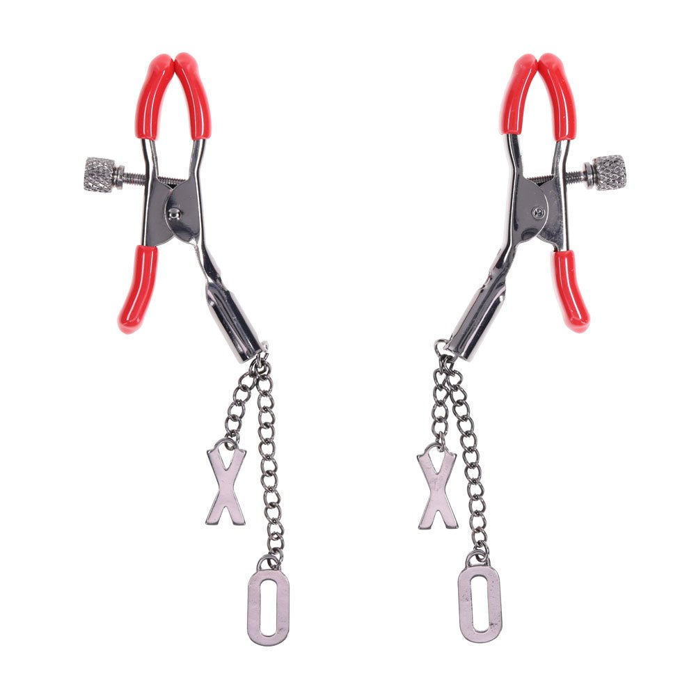 S&M Exs & Ohs Nipple Clamps - Red Tipped Metal Nipple Clamps - Set of 2 - silkandsin