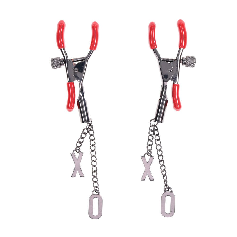 S&M Exs & Ohs Nipple Clamps - Red Tipped Metal Nipple Clamps - Set of 2 - silkandsin