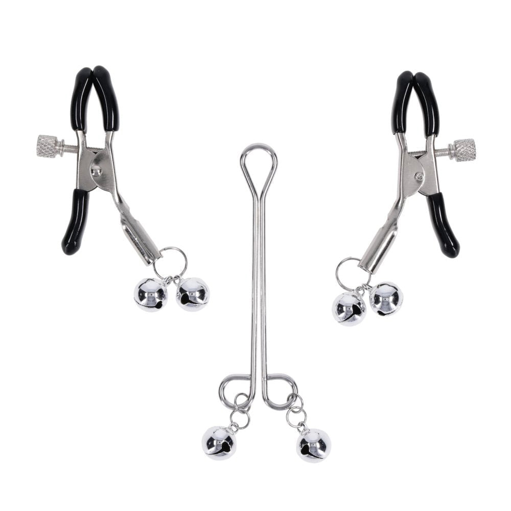 S&M Shadow Bell Nipple and Clit Jewelry - Metal Nipple Clamps and Clitoris Clamp - Silk and Sin
