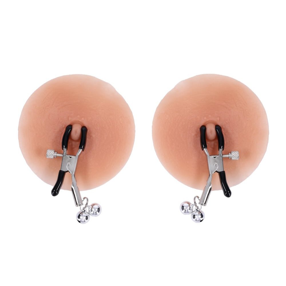 S&M Shadow Bell Nipple and Clit Jewelry - Metal Nipple Clamps and Clitoris Clamp - Silk and Sin