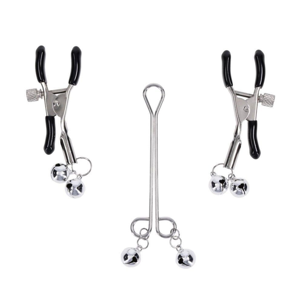S&M Shadow Bell Nipple and Clit Jewelry - Metal Nipple Clamps and Clitoris Clamp - Silk and Sin
