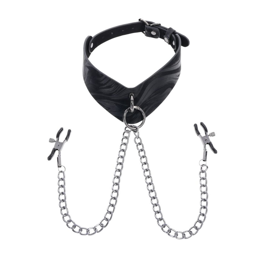 SPORTSHEETS Velvet Noir Collar & Removable Clamps - Black Neck & Nipple Restraints - silkandsin