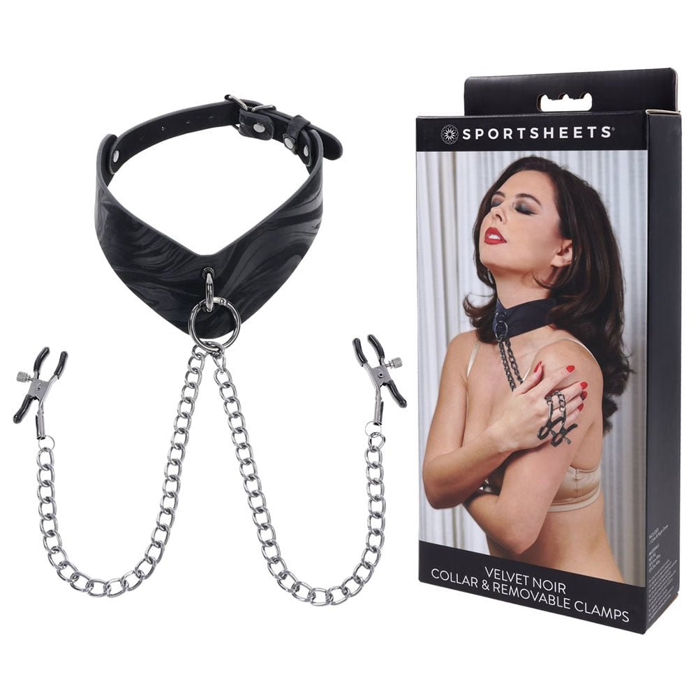 SPORTSHEETS Velvet Noir Collar & Removable Clamps - Black Neck & Nipple Restraints - silkandsin