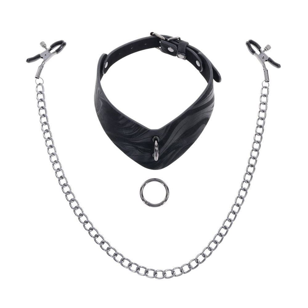 SPORTSHEETS Velvet Noir Collar & Removable Clamps - Black Neck & Nipple Restraints - silkandsin
