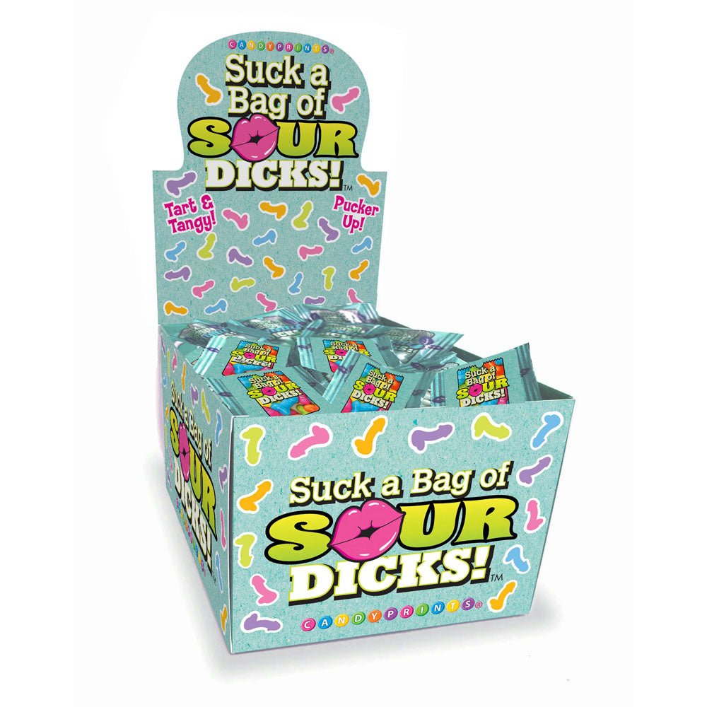 Suck A Bag Of Sour Dicks Counter Display - Sour Fruit Flavoured Lollies - Counter Display of 100 Party Packs - silkandsin