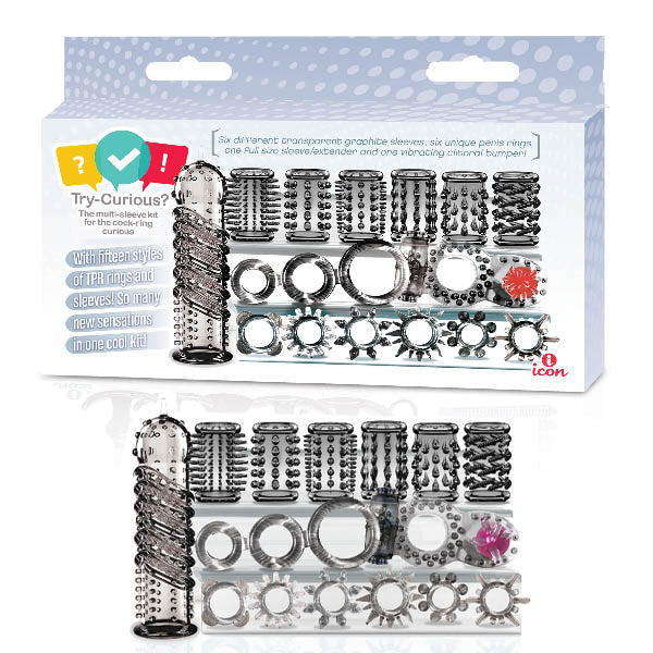 Try-Curious Cock Ring & Sleeve Set - Clear - 15 Piece Set - Silk and Sin