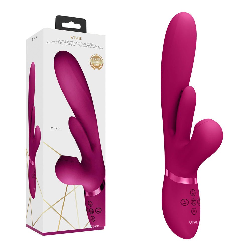 VIVE Ena - Pink - Pink 25 cm USB Rechargeable Thrusting Vibrator with Air Wave Stimulator - silkandsin