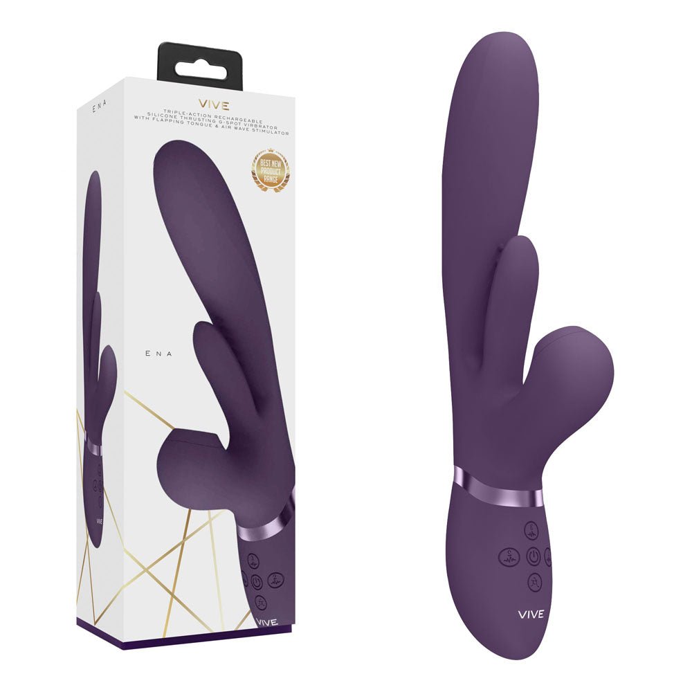 VIVE Ena - Purple - Purple 25 cm USB Rechargeable Thrusting Vibrator with Air Wave Stimulator - silkandsin