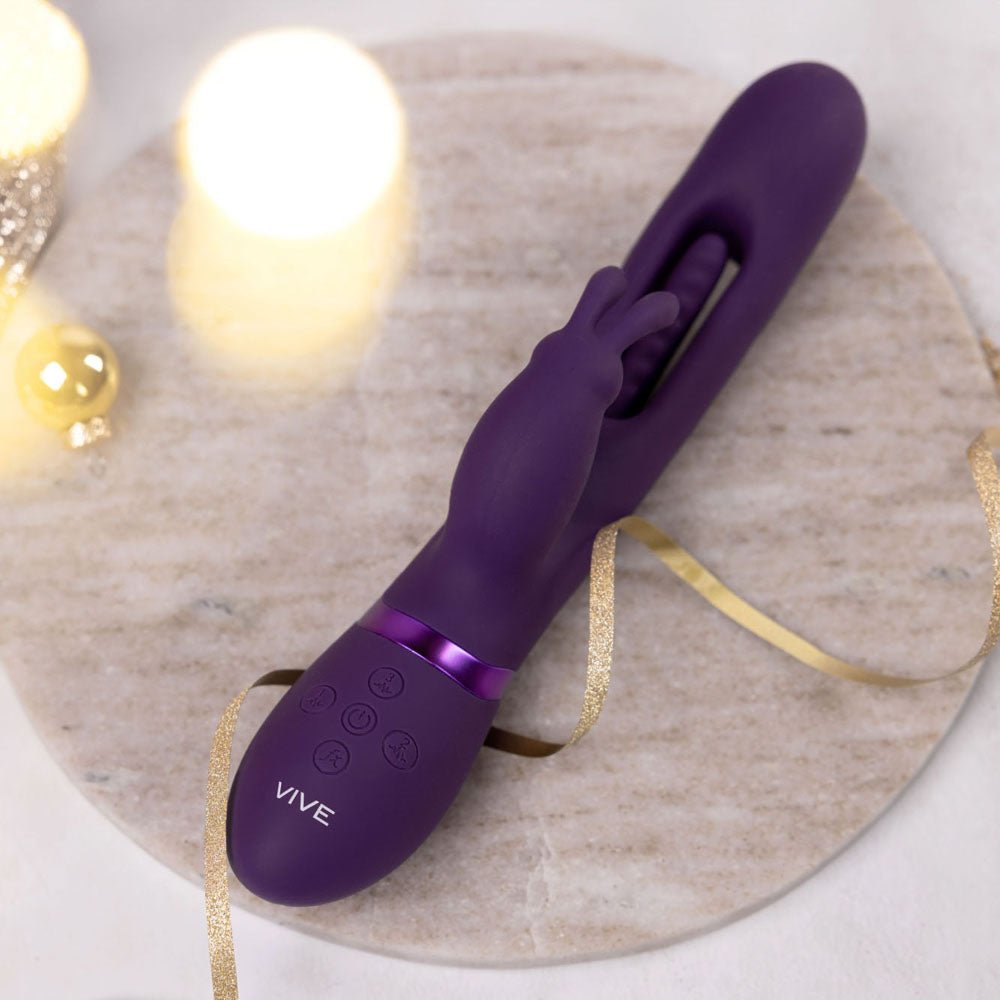 VIVE Mika - Purple - Purple 23.2 cm USB Rechargeable Rabbit Vibrator with Flapping Shaft - silkandsin