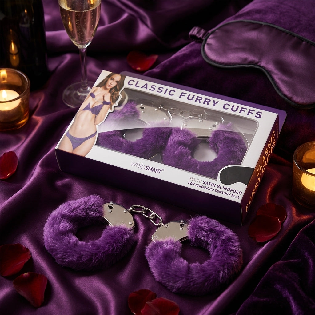 WhipSmart Classic Furry Cuffs - Purple - Purple Furry Restraints with Bonus Eye Mask - silkandsin
