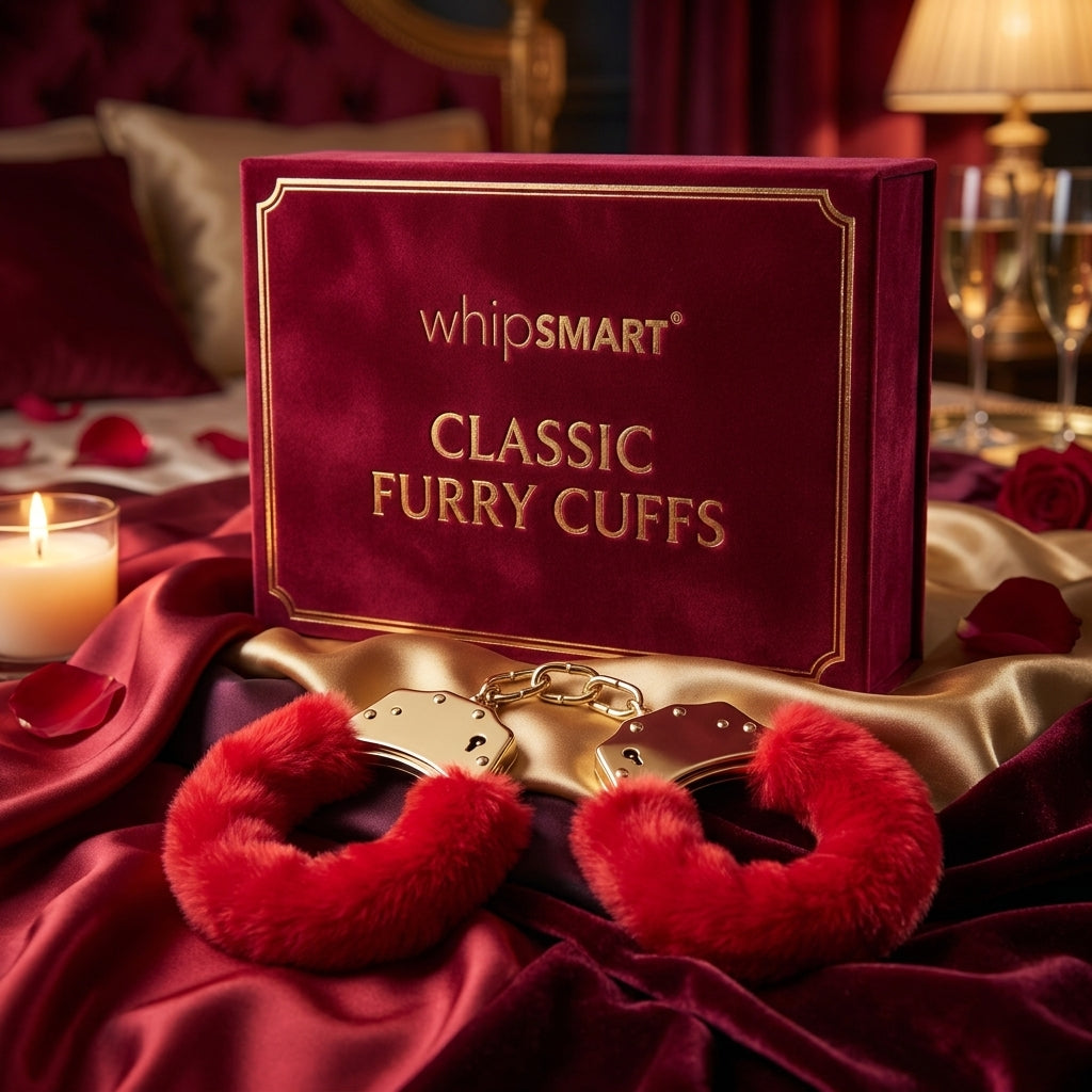 WhipSmart Classic Furry Cuffs - Red - Red Furry Restraints with Bonus Eye Mask - silkandsin