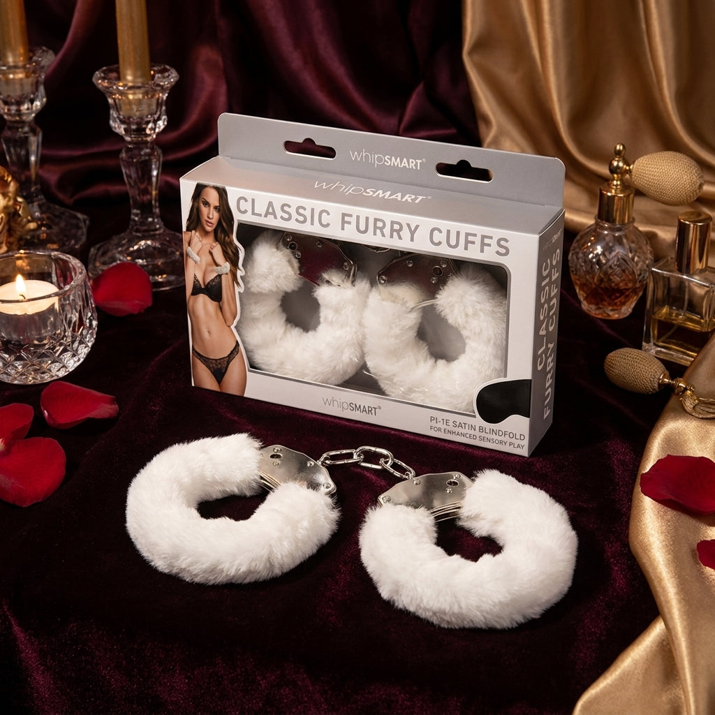 WhipSmart Classic Furry Cuffs - White - White Furry Restraints with Bonus Eye Mask - silkandsin
