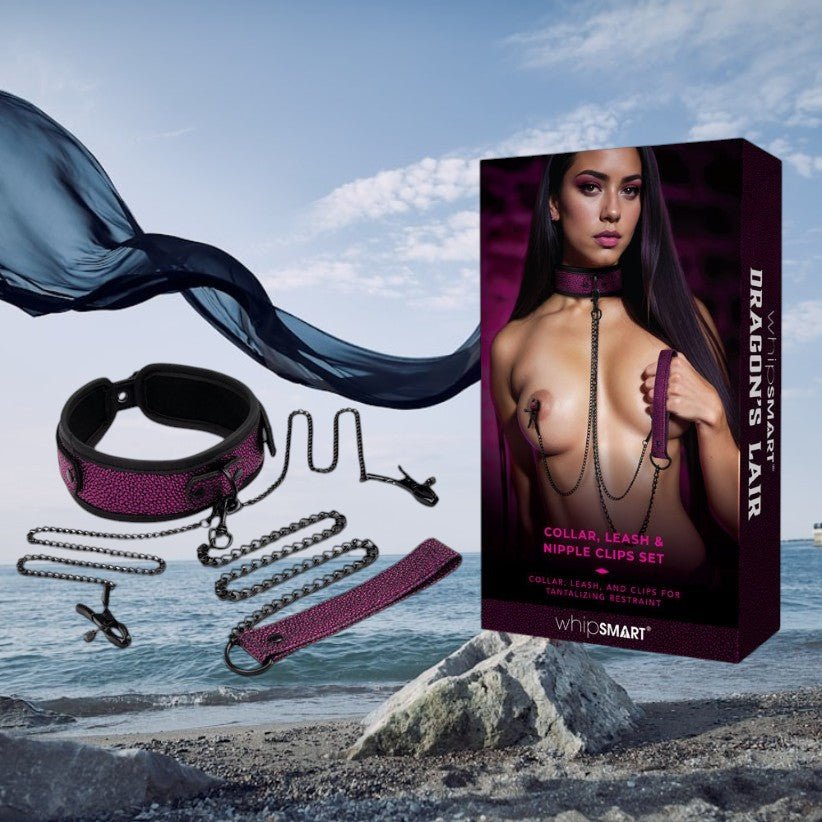 WhipSmart Dragons Lair Collar, Leash & Nipple Clips Set - Purple/Black Restraints - silkandsin