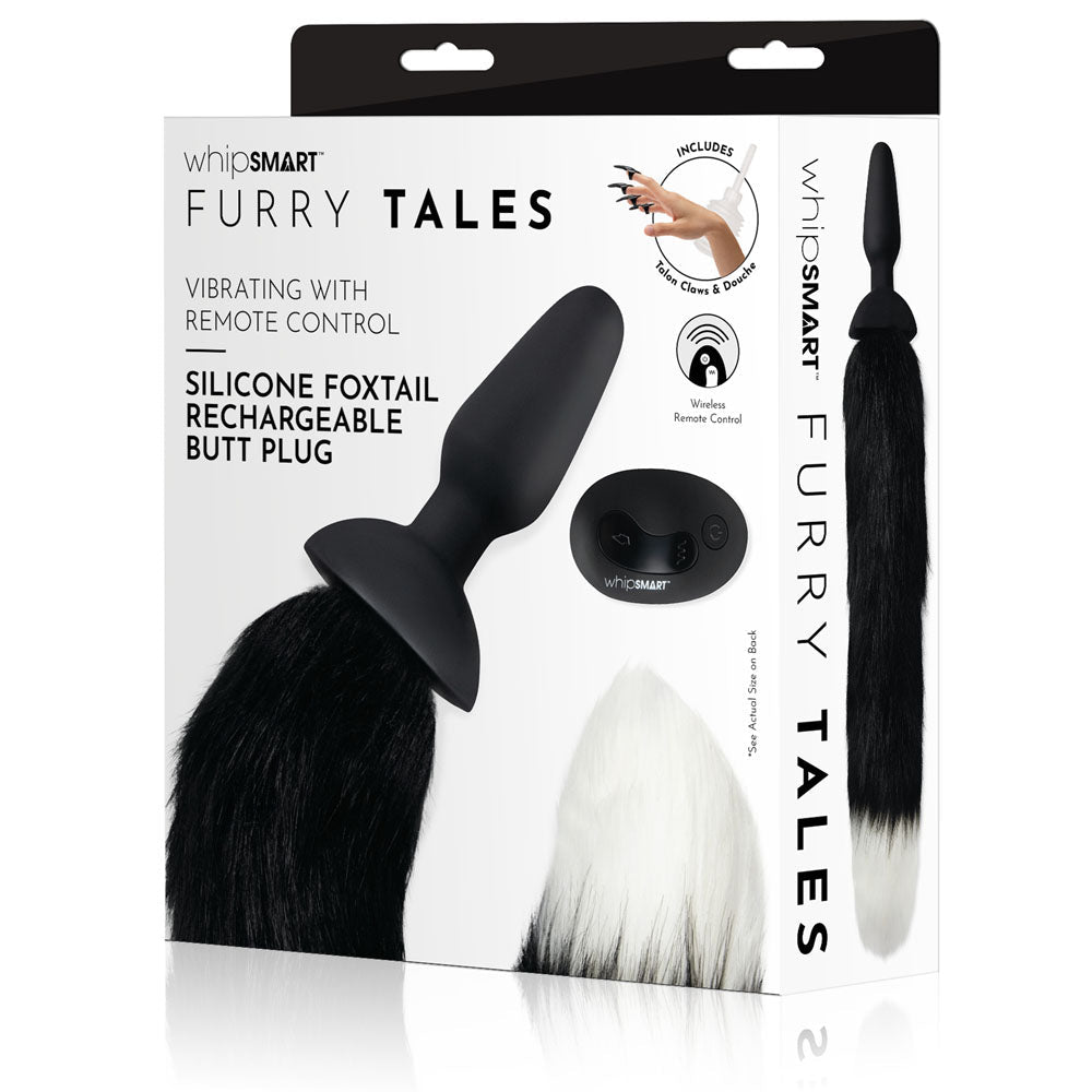 WhipSmart Furry Tales Silicone Foxtail Rechargeable Butt Plug - Black 9.5 cm Vibrating Butt Plug with Black Fox Tail & Remote Control - silkandsin
