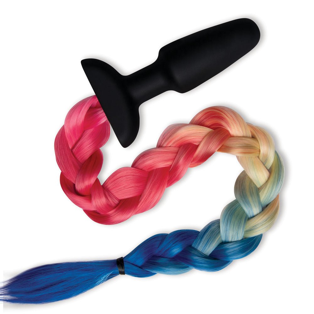 WhipSmart Furry Tales Silicone Rainbow Tail - Black 8.9 cm Butt Plug with Rainbow Tail - silkandsin