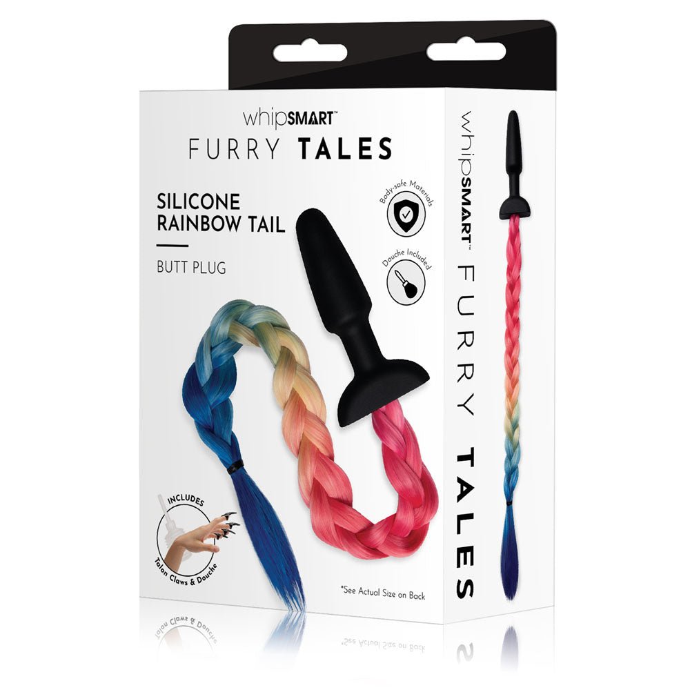 WhipSmart Furry Tales Silicone Rainbow Tail - Black 8.9 cm Butt Plug with Rainbow Tail - silkandsin
