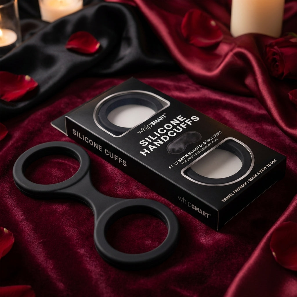 WhipSmart Silicone Handcuffs - Black - Black Restraint with Bonus Blindfold - silkandsin