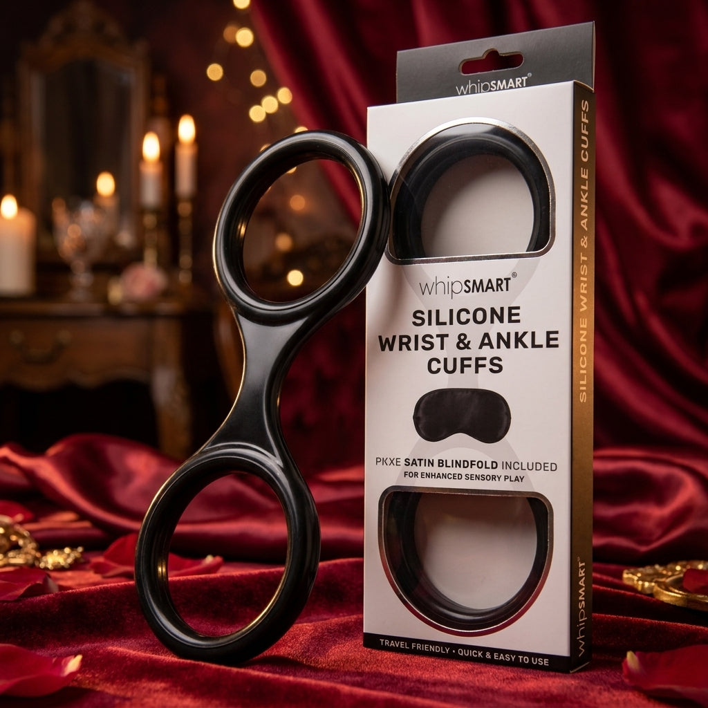WhipSmart Silicone Wrist & Ankle Cuffs - Black - Black Restraints with Bonus Eye Mask - silkandsin