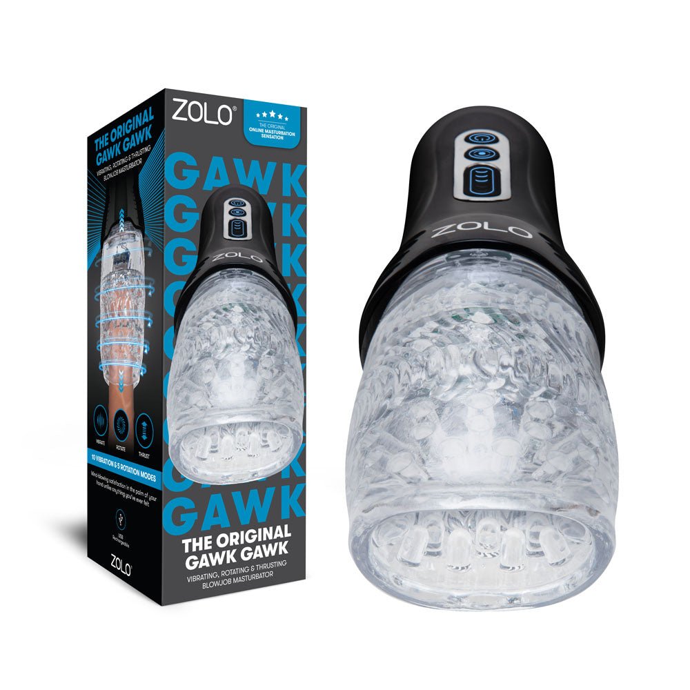 Zolo The Original Gawk Gawk - Clear USB Rechargeable Vibrating, Rotating & Thrusting Masturbator - silkandsin